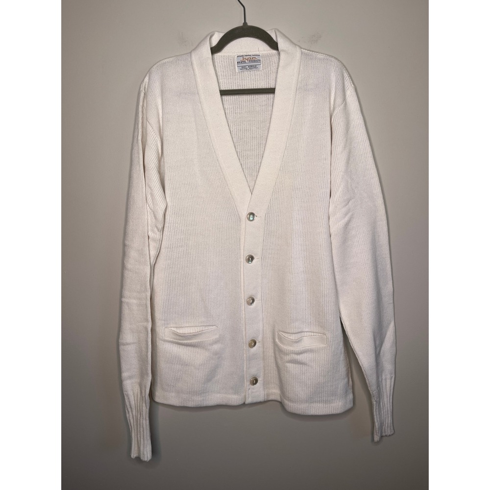 1970s BPC Bristol Products Crisp White Thick Knit Rockabilly Grandpa Cardigan L
